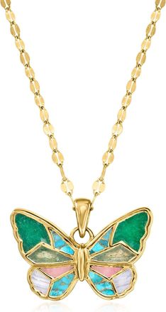 Ross-Simons Multi-Gemstone Inlay Butterfly Pendant Necklace in 18kt Gold Over Sterling