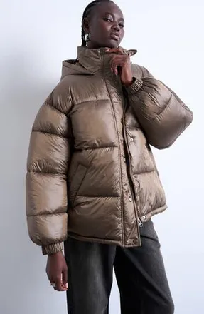 Topshop Hooded Puffer Jacket in Brown at Nordstrom Rack, Size X-Small