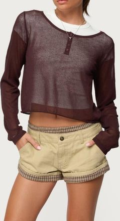 Edikted Kilian Sheer Knit Henley in Brown at Nordstrom, Size X-Small