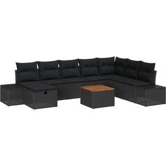 vidaXL Garden Sofa Set with Cushion 9 pcs Black Poly Rattan vidaXL