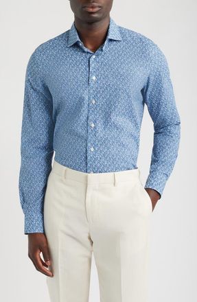 Emanuel Berg Modern Fit Floral Cotton Seersucker Dress Shirt in Medium Blue at Nordstrom, Size 40