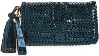 Anya Hindmarch Neeson Herringbone Woven Metallic Leather Tassel Clutch in Starling at Nordstrom