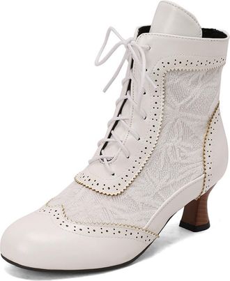 Generic Womens Lace Up Retro Ankle Boots Closed Round Toe Vintage Victorian Booties Mid Kitten Heel Short Boots,White,10.5 UK