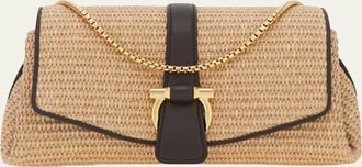 Ferragamo Leather-Trim Raffia Crossbody Bag