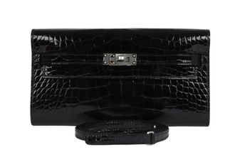 Herm&egrave;s Kelly Black Shiny Wallet To Go Alligator Mississippiensis