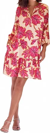 Tribal 3/4 Sleeve Button Front Placket Dress In Pinkglow-2326