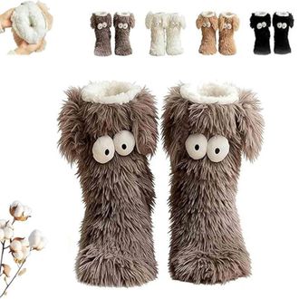 Generic Muffle Friends Cozy Socks, Womens Winter Warm Fuzzy Non-Slip Slipper Socks with Cute Big Eyes - Thick Plush Indoor Home Floor Socks (Gray)