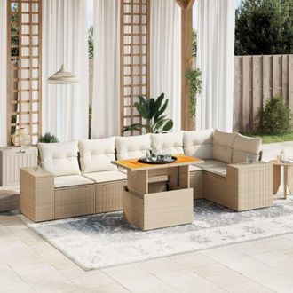 vidaXL Set Sof&aacute;s De Jard&iacute;n 7 Piezas Y Cojines Rat&aacute;n Sint&eacute;tico Beige Vidaxl