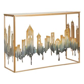 Dmora Consola Elda, Un Estante, Superficie Con Perfil De Ciudad, Estructura De Vidrio, 110x39x81h Cm Dorado