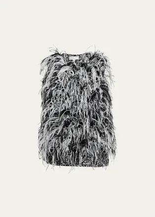 Michael Kors Sleeveless Feather-Trim Wool Tweed Knit Sweater