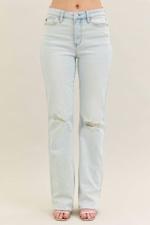 Judy Blue Mid Rise Destroy & Fray Hem Bootcut Jeans In Blue
