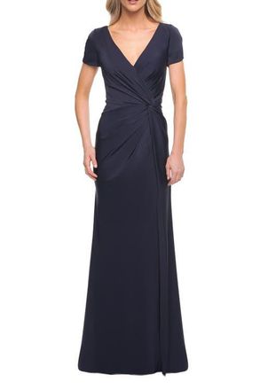 La Femme Elegant Evening Gown with V Neck and Knot in Navy at Nordstrom, Size 14