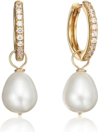 Lily & Roo Gold Diamond Style Large Pearl Drop Hoop Earrings