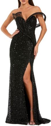 Mac Duggal Petite Sequin Gown With Sculptural Off-Shoulder Detail in Black at Nordstrom, Size 8