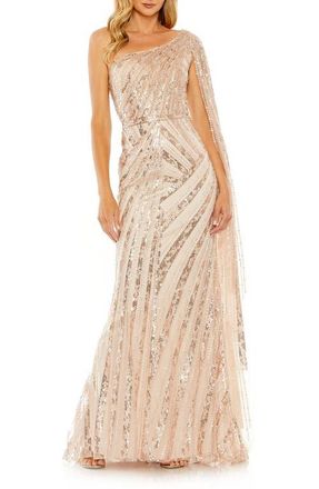 Mac Duggal Womens Sequin One-Shoulder Evening Gown with Sheer Cape Sleeve in Rose Gold at Nordstrom, Size 10