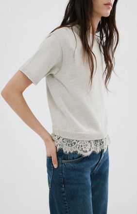 Mango Lace Trim Short Sleeve Sweater in Light/Pastel Grey at Nordstrom, Size X-Small