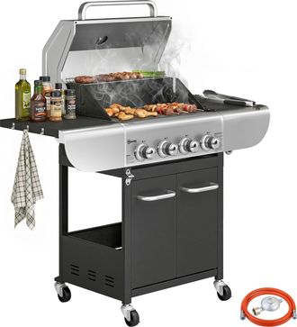 OUTSUNNY Barbacoa De Gas Con 4 Quemadores 12,8 Kw Con Term&oacute;metro Mesas Laterales Armario Rejilla Calentadora Parrillas De Hierro Recogedor 4 Ruedas