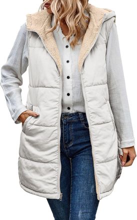 Generic Quilted Gilets Down Gilets Women Long Hooded Thin 2In1 Reversible Teddy Lined Sleeveless Gilets Long Gilets Plus Size Buffer Gilets Winter Gilets Ladi