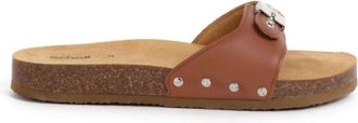 Scholl Platte kurkmuiltjes met verstelbare gesp - Dames - Sandalen - Bruin - 40 EU - Leer - Schoenen