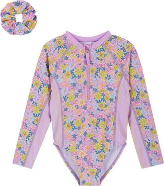 Andy & Evan Kids Long Sleeve One-Piece Rashguard Swimsuit & Scrunchie Set in Purple Mix at Nordstrom, Size 4T
