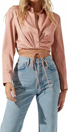 Astr Perry Satin Wrap Front Tie Waist Top In Blush Pink