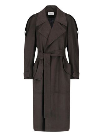Low Classic Double-Breasted Faux Suede Trench Coat with Adjustable Features