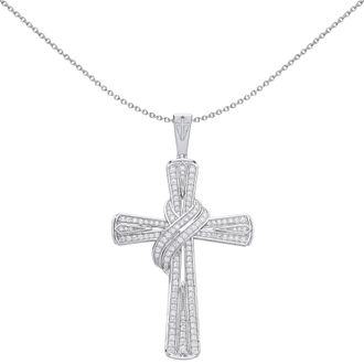 Jewelco London Silver CZ Scarf Adorned Graduated Cross Necklace 18