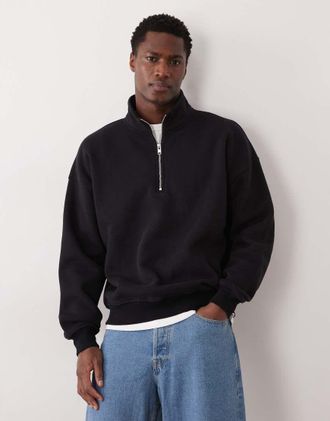 Abercrombie & Fitch Felpa premium nera con logo e zip corta-Nero