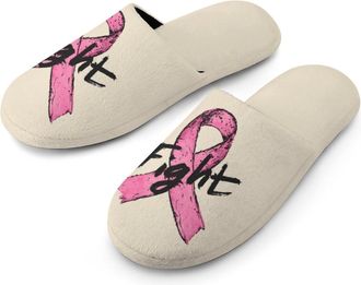 Generic Breast Cancer Fight Cancer Awareness Ribbon Mens Slippers Warm Non-Slip Houes Shose Spa Slipper for Home Bedroom