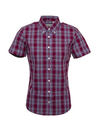 Relco Ladies Retro Check Limited Edition Button Down Short Sleeved Shirts (UK, Numeric, 20, Regular, Regular, Burgundy/Sky Blue)