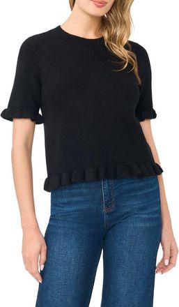 CeCe by Cynthia Steffe Ruffle Trim Short Sleeve Sweater in Rich Black at Nordstrom, Size X-Small