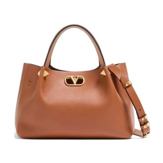 Valentino Garavani Tassen, Dames, Bruin, ONE Size, Leer, Vlogo Leren Tote Bag