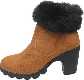 Generic Brown Women Comfortable Ankle Boots Solid Color Round Toe High Heel Warm for Casual Outings and Leisure