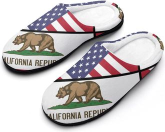 Generic US & California State Flag Funny Mens Cotton Slippers Soft Non-Slip Rubber Sole House Slipper Indoor Outdoor