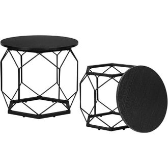 Woltu Woltu - Set di 2 tavolini rotondi con Piano Rimovibile in Legno e Metallo, Legno Nero
