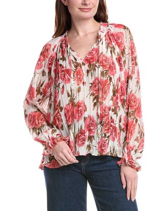 Alberta Ferretti Philosophy Smocked Tie Neck Printed Plisse Blouse