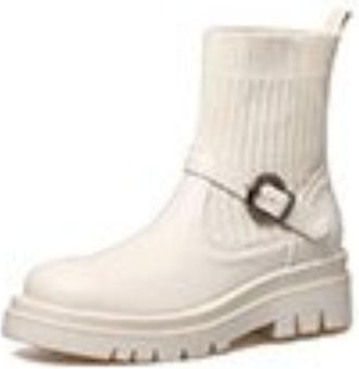 Generic Womens Retro Sock Ankle Boots With Chunky Lug Sole Buckle Strap Comfortable Slip-Resistant Durable For Casual Daily Streetwear Fall Winter,White,6.5 U