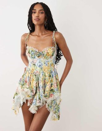 For Love & Lemons Elea vestito corto con scollo a cuore e dettaglio rosetta a fiori multicolore
