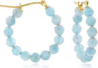 Ross-Simons Aquamarine Bead Hoop Earrings in 14kt Yellow Gold