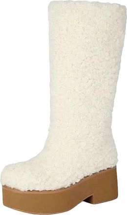 Generic Womens Warm Mid Calf Boots Round Toe Chunky High Heel Platform Slip On Design Non Slip Sole For Outdoor Wear