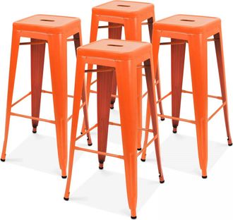 Oviala Lote de 4 taburetes de bar de acero mate naranja