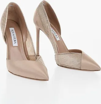 Aquazzura Satin And Leather Pumps With Rhinestone Details And Pointed Toe, 11 cm Heel Aquazzura