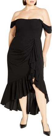 City Chic Ruffle Off the Shoulder High/Low Maxi Dress in Black at Nordstrom, Size Xs