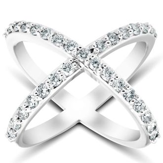 Pompeii3 1 Ct Diamond X Ring Wide Womens Fashion Designer Band 14k White Gold