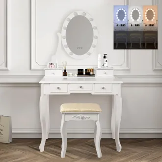 ML Design Ml-design Tocador Cl&aacute;sico Con Taburete Y Luces Led Espejo 5 Caj&oacute;nes De Almacenamiento 80x129x40 Cm Blanco Fabricado En Madera Mdf Mesa De Peluquer&iacute;a C