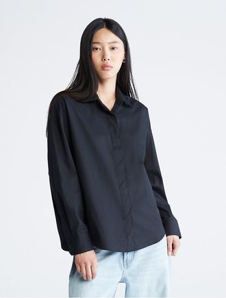 Calvin Klein Womens Relaxed Poplin Button-Down Shirt - Black - XS