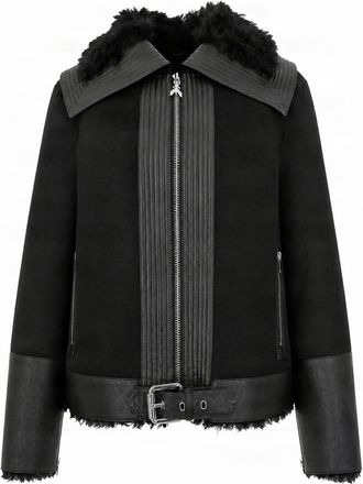Patrizia Pepe Black Leather-Effect Plush Fur Collar Jacket