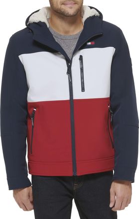 Tommy Hilfiger Mens Performance Filled Soft Shell Hooded Open Bottom Jacket with Full Sherpa Lining, Midnight/Ice/Red Combo, M