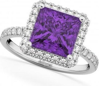 Allurez Princess Cut Halo Amethyst & Diamond Engagement Ring 14K White Gold 3.47ct