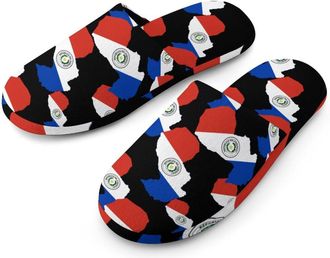 Generic Flag Map of Paraguay Flannel Mens Slip-on Slippers Winter Warm House Shoes with Rubber Sole for Home Hotel